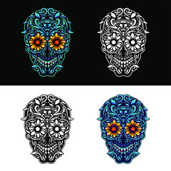 Set of ornamental skull, isolated on dark and bright background