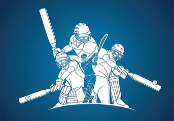 Group of Cricket players action cartoon sport graphic vector.