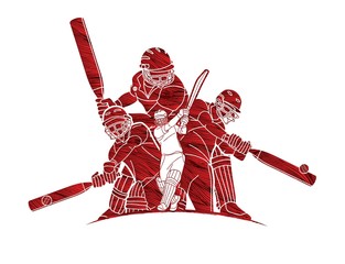 Group of Cricket players action cartoon sport graphic vector.