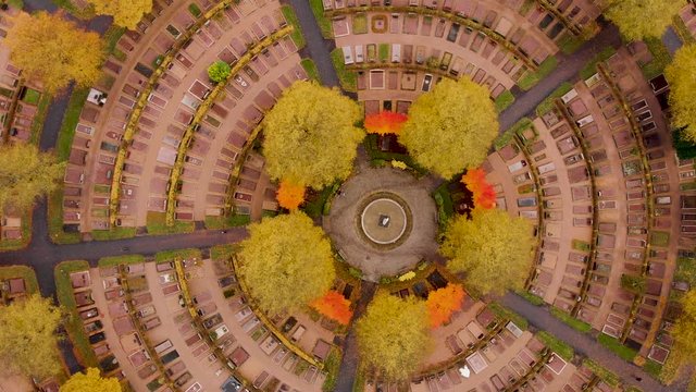Aerial drone above Gothenburg graveyard, Sweden.Orbit rotation view of &ouml;stra Kyrkog&aring;rden cemetery
