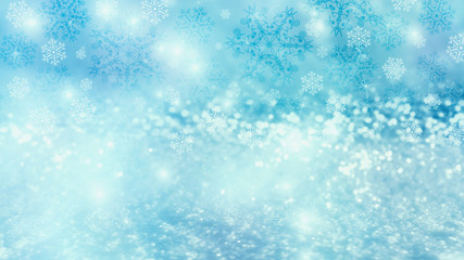 Brilliant festive winter background with neon glow. Falling snowflakes, blurry lights. Magic particles
