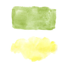 Obraz premium Yellow and green watercolor splotches. Clouds set isolated on white background.