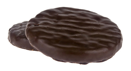 Chocolate cookies isolated on a white background close-up.
