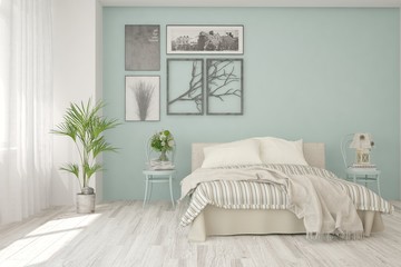 Stylish bedroom in blue color. Scandinavian interior design. 3D illustration