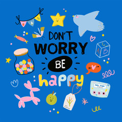 Cute scandinavian characters set including trendy quotes and cool decorative hand drawn elements. Cartoon doodle style illustration for patches, stickers, T-shirt, nursery, kids design. Vector.