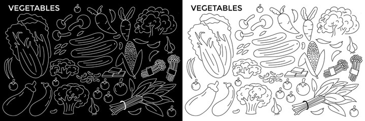 Hand drawn Line vegetables set collection on white and black background
