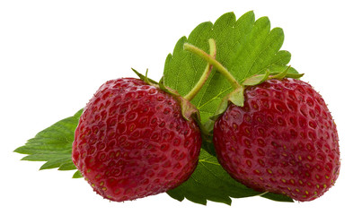 Red, juicy, ripe strawberry with green leaves Isolated on a white background close-up.