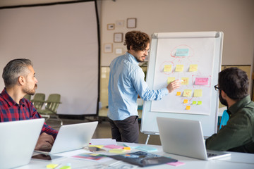 Creative group discussing and analyzing flowchart on board in meeting room. Business colleagues in casual working together in contemporary office space. Team meeting concept