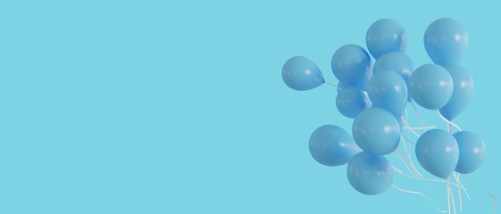 Balloons in blue on blue background, banner size, 3d render