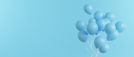Balloons in blue on blue background, banner size, 3d render