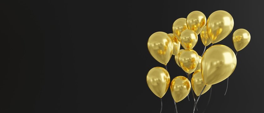 Balloons in gold on black background, banner size, 3d render Stock  Illustration | Adobe Stock