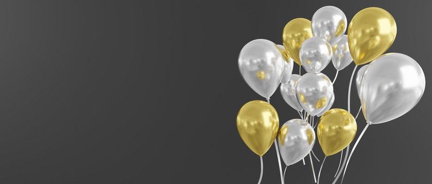 Balloons in gold and silver on black background, banner size, 3d render