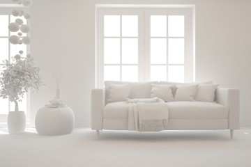 Mock up of stylish room in white color with sofa. Scandinavian interior design. 3D illustration