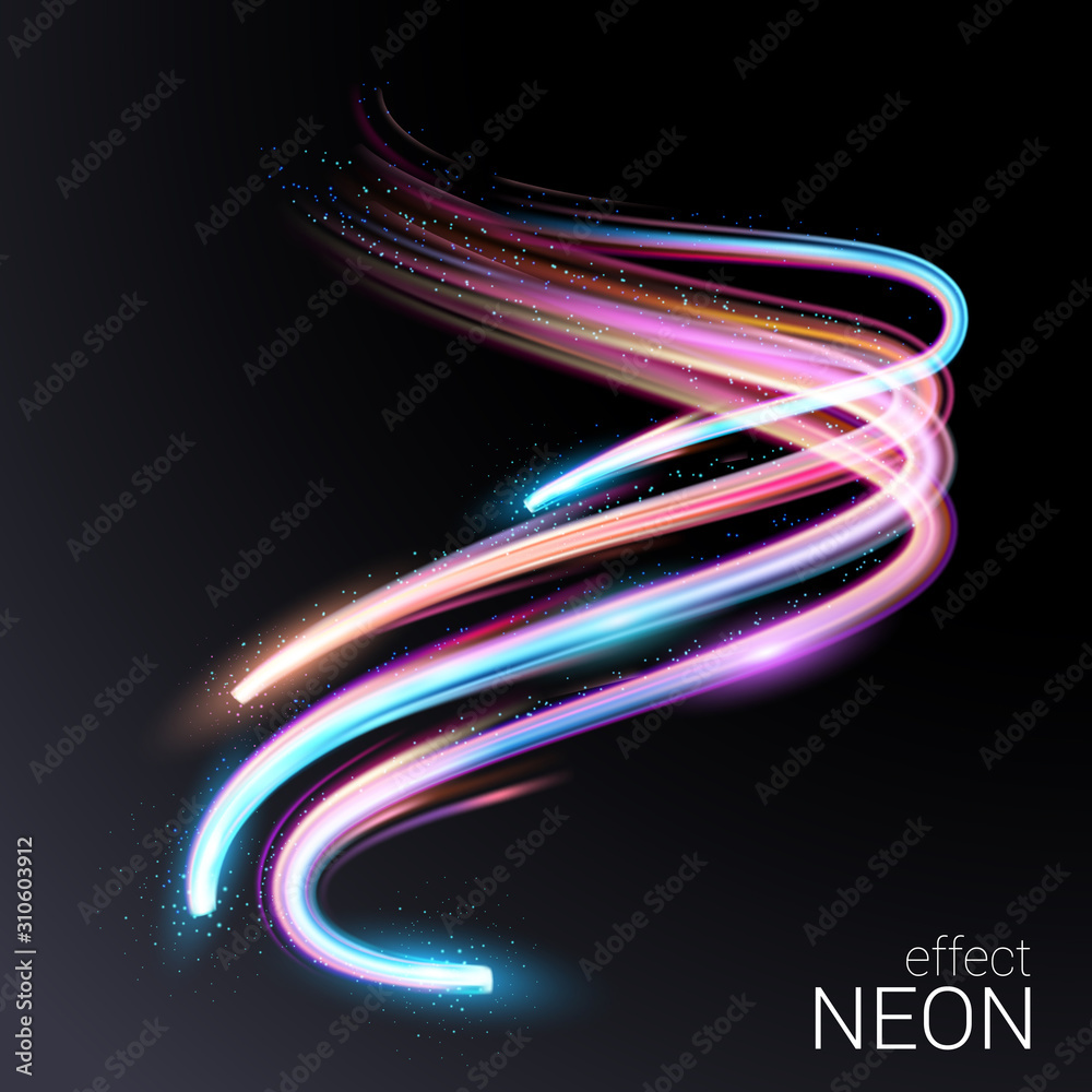Poster vector. vortex streams of neon light. radial color spirals. lines in the shape of a comet against a 