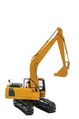 Yellow excavator  model with isolated on  a white background with bucket lift up