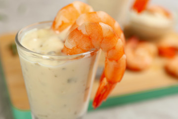 Delicious shrimp cocktail and tartar sauce, closeup