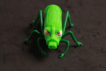 green insect shaped plastic toy in color background