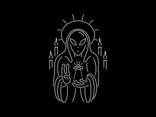 Vector graphic design illustration of an Alien saint white on black background