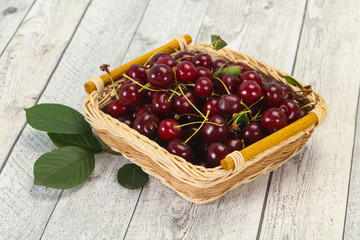 Sweet ripe cherry with leaves