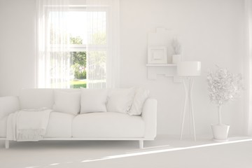 Mock up of stylish room in white color with sofa. Scandinavian interior design. 3D illustration