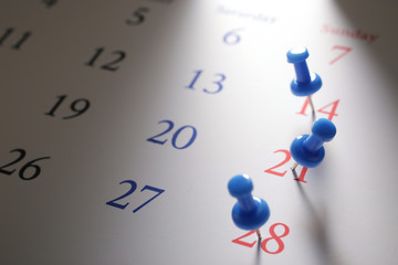 カレンダーと色々なカラフルなピン