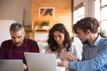 Business team collaborating on project together, using laptops. Business colleagues in casual working together in contemporary office space. Teamwork concept