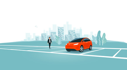 Lonely car parking standing alone on empty parking lot area with man approaching vehicle. Travel park place on rest area near road highway to city. Person near car. Town skyline in the background. © petovarga