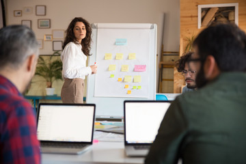 Business trainer presenting flowchart on board to audience. Business colleagues in casual working together in contemporary office space. Corporate training concept