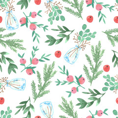 seamless pattern with watercolor New Year sweets, symbols of the year, berries, twigs. On an isolated white background