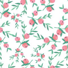 Seamless watercolor pattern with Christmas pattern with a branch with berries. On a white isolated background.