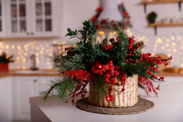 Kitchen decorated for Christmas in red colour