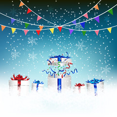Gift box opening celebrated with snow flex background