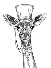 Elegant giraffe with monocle, dressed in suite