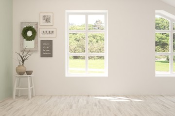 Stylish empty room in white color with summer landscape in window. Scandinavian interior design. 3D illustration