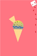 ice cream cone, sugar cube and red ant colony On the back, pastel pink