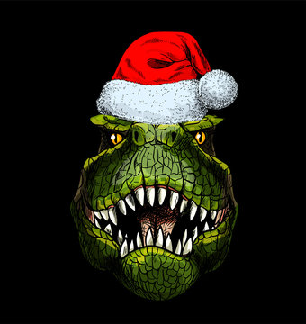 Portrait of T-Rex in red santa hat on black bg