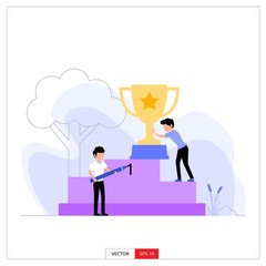 two competition organizers are preparing for the championship stage, men are pushing for a giant trophy Vector illustration flat design style. Vector illustration flat design style.