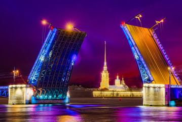 Fototapeta na wymiar Drawbridge Palace Bridge and Peter and Paul Fortress. Saint Petersburg. Russia.