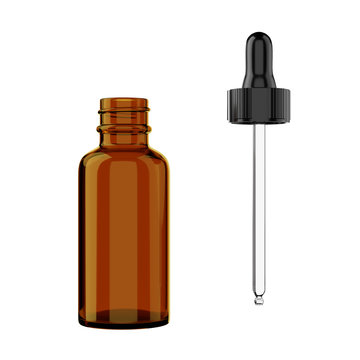 Blank amber dropper bottle with pipette, 3D render