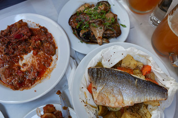 Greek taverna food, fish  and mushrooms