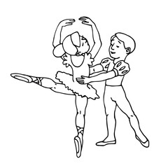 ballet couple of children dancing in Prince and Princess costumes in theater, vector illustration with black contour lines isolated on white background in Doodle and hand drawn style