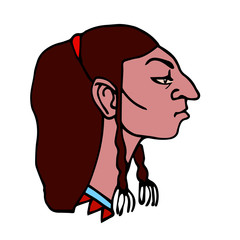 head in profile of an indian young male with red ribbon in hair & pigtails, avatar, color vector illustration with black contour lines isolated on a white background in a hand drawn and cartoon style