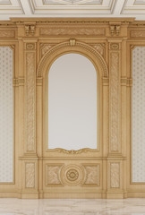 Carved wooden panels with a wooden ceiling. 3d rendering