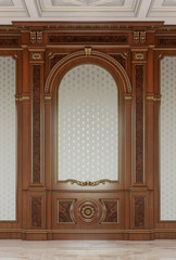 Carved wooden panels with a wooden ceiling. 3d rendering
