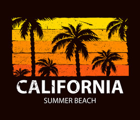 Surfing california palm beach. Vector for T-shirt print design. 