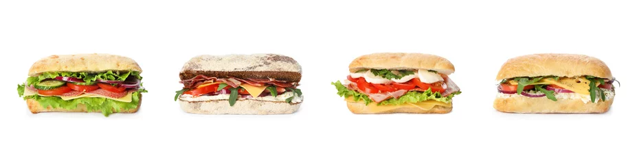 Photo sur Plexiglas Snack Ensemble de délicieux sandwichs sur fond blanc. Conception de bannière