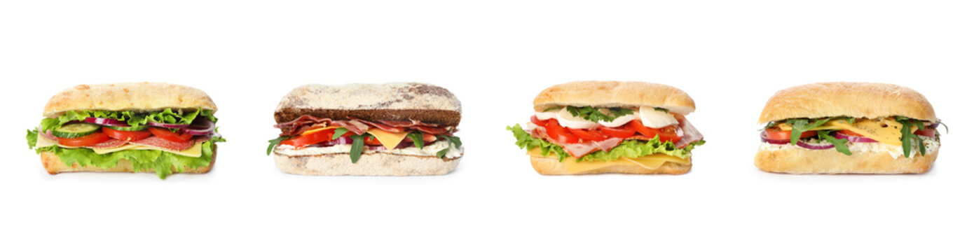 Set of delicious sandwiches on white background. Banner design