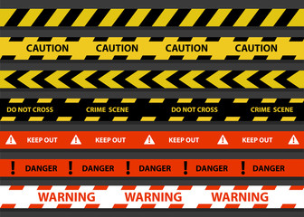 Police stripe border vector illustration of black, yellow and red. Set of danger caution. Warning, keep out, crime scene, don't cross.