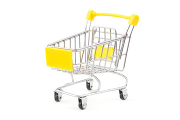Yellow shopping cart isolated on white background. Shop, buy and sale concept.	
