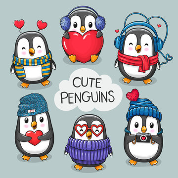 Cute cartoon character penguins set of Valentine's Day and Love